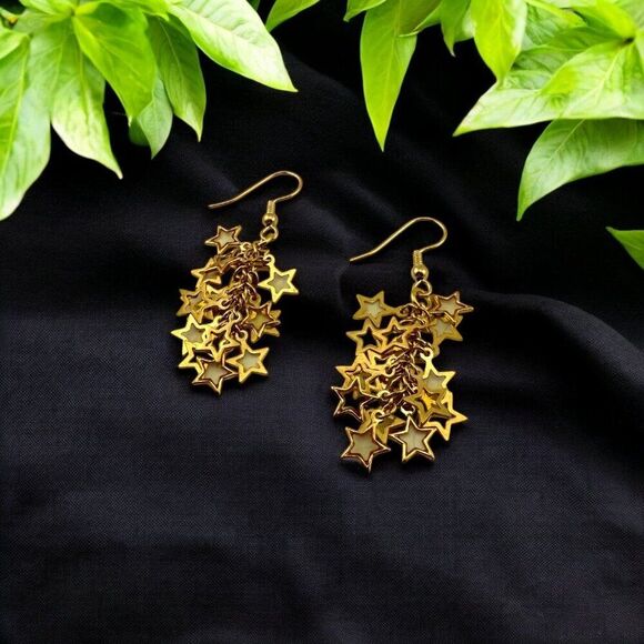Gold Plated Stars Cluster Earrings Statement Earrings Gold Plated Ear Wire - Picture 8 of 12